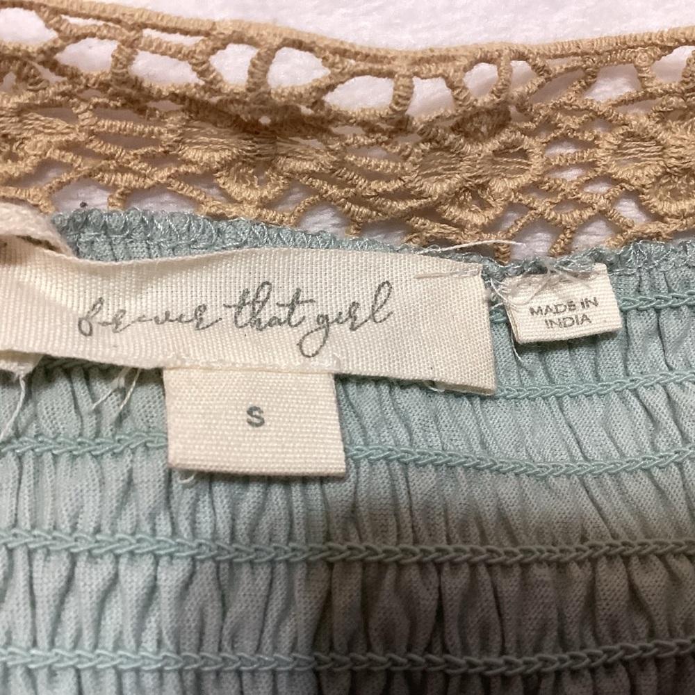 NEW Anthropologie Forever That Girl Blue Tan Smocked Crochet Lace Blouse S Boho - Picture 3 of 13